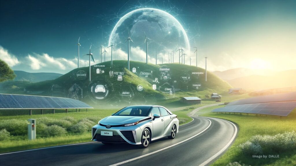 Toyota Mirai hydrogen fuel cell vehicle on a futuristic road, with wind turbines and green landscape in the background, symbolizing eco-friendly innovation.